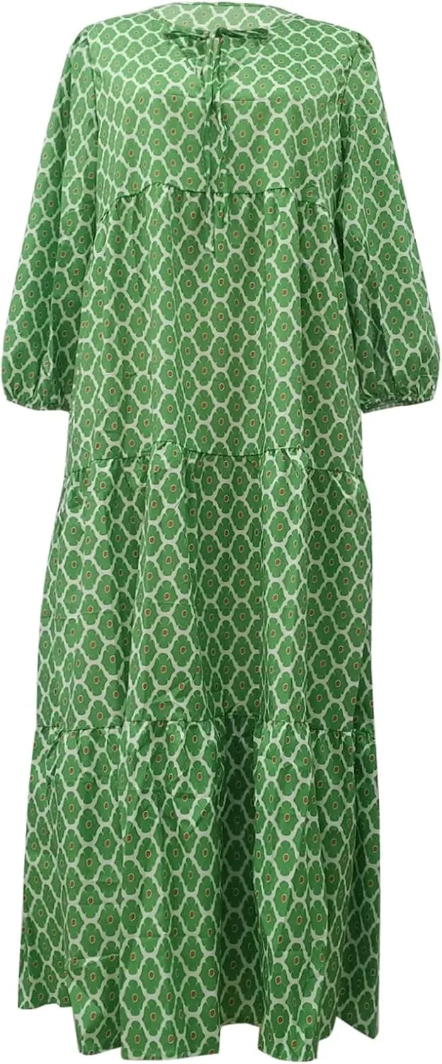 fanmpghleoo Boho Maxi Dresses for Women 2025 Casual Flowy Beach Bohemian Dress Geometric Half Sleeve Tiered Eyelet Dress
