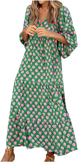 fanmpghleoo Boho Maxi Dresses for Women 2025 Casual Flowy Beach Bohemian Dress Geometric Half Sleeve Tiered Eyelet Dress
