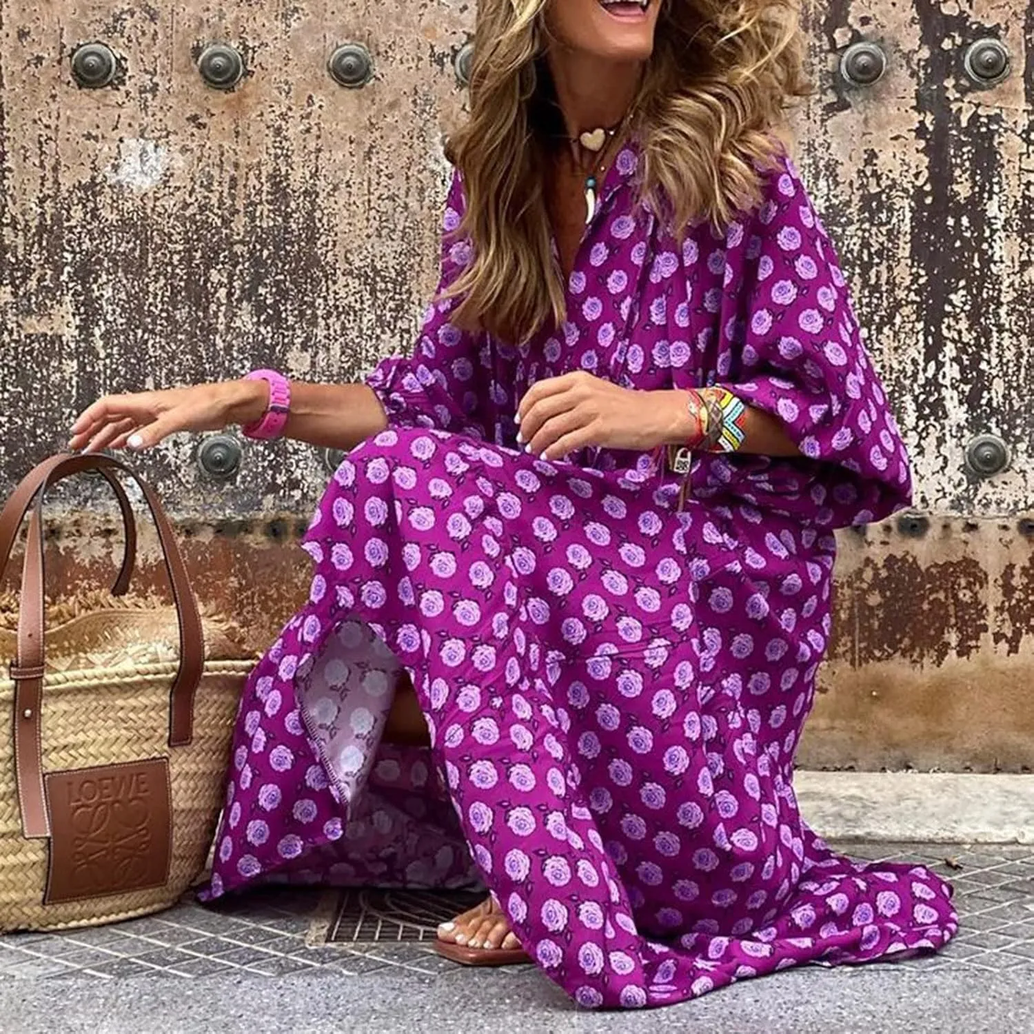 fanmpghleoo Boho Maxi Dresses for Women 2025 Casual Flowy Beach Bohemian Dress Geometric Half Sleeve Tiered Eyelet Dress