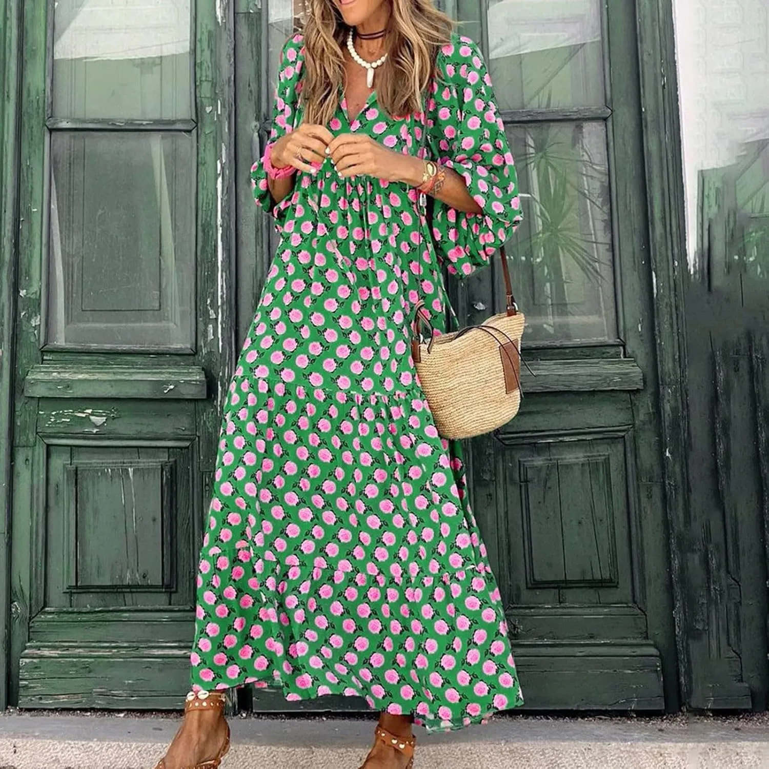 fanmpghleoo Boho Maxi Dresses for Women 2025 Casual Flowy Beach Bohemian Dress Geometric Half Sleeve Tiered Eyelet Dress