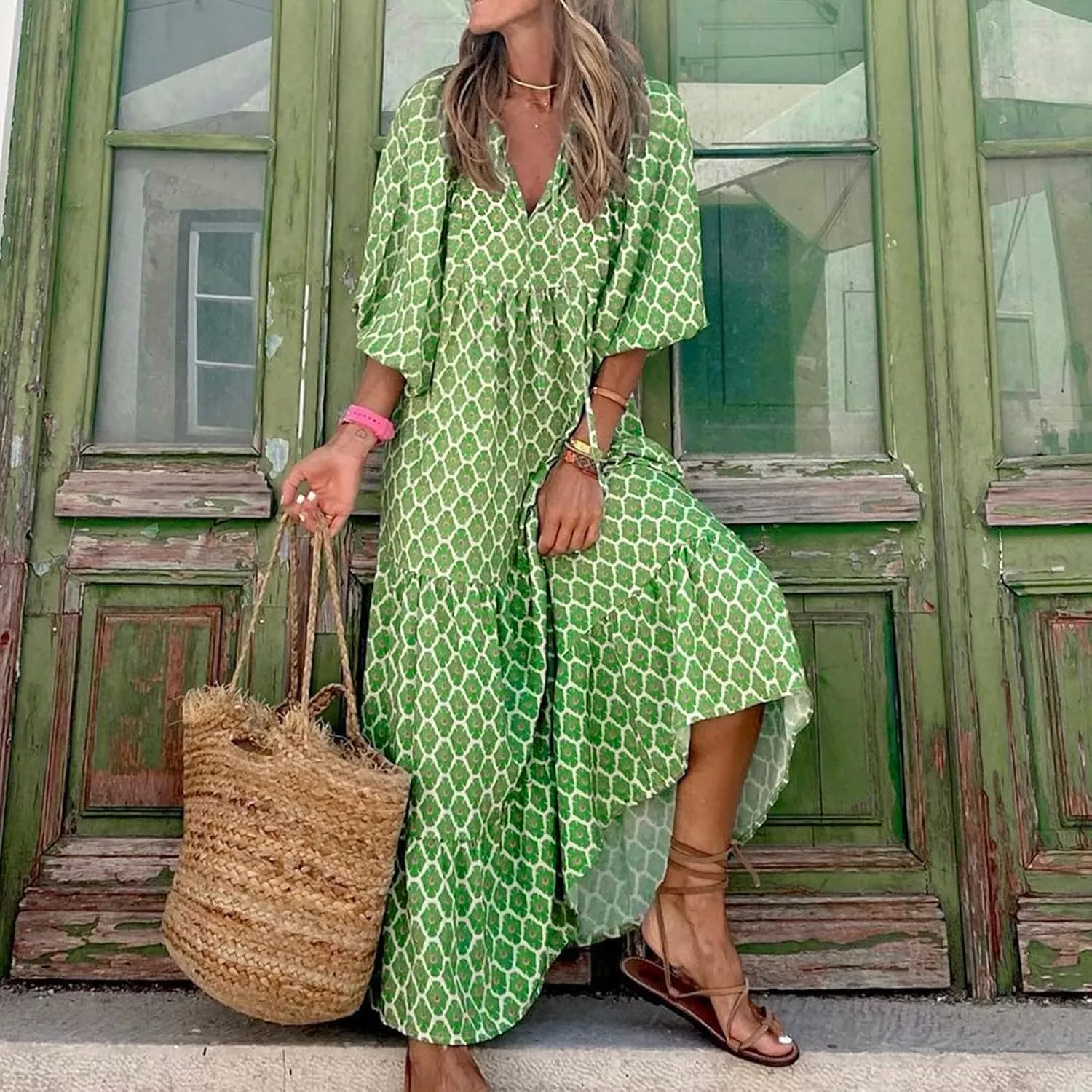 fanmpghleoo Boho Maxi Dresses for Women 2025 Casual Flowy Beach Bohemian Dress Geometric Half Sleeve Tiered Eyelet Dress