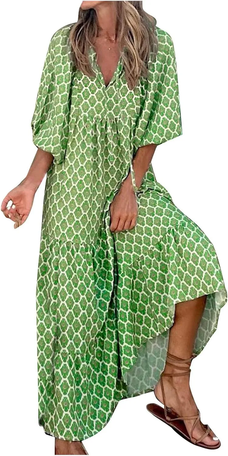 fanmpghleoo Boho Maxi Dresses for Women 2025 Casual Flowy Beach Bohemian Dress Geometric Half Sleeve Tiered Eyelet Dress