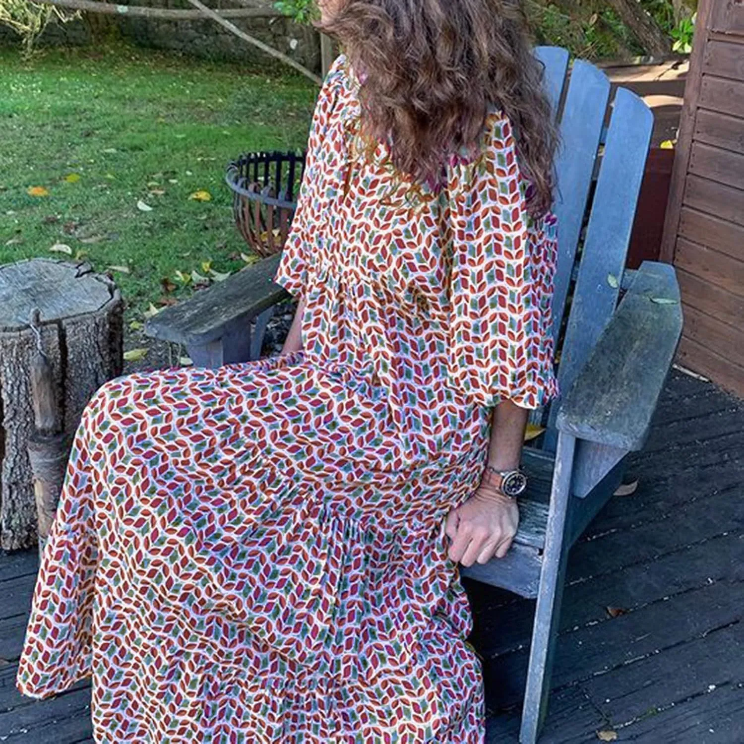 fanmpghleoo Boho Maxi Dresses for Women 2025 Casual Flowy Beach Bohemian Dress Geometric Half Sleeve Tiered Eyelet Dress