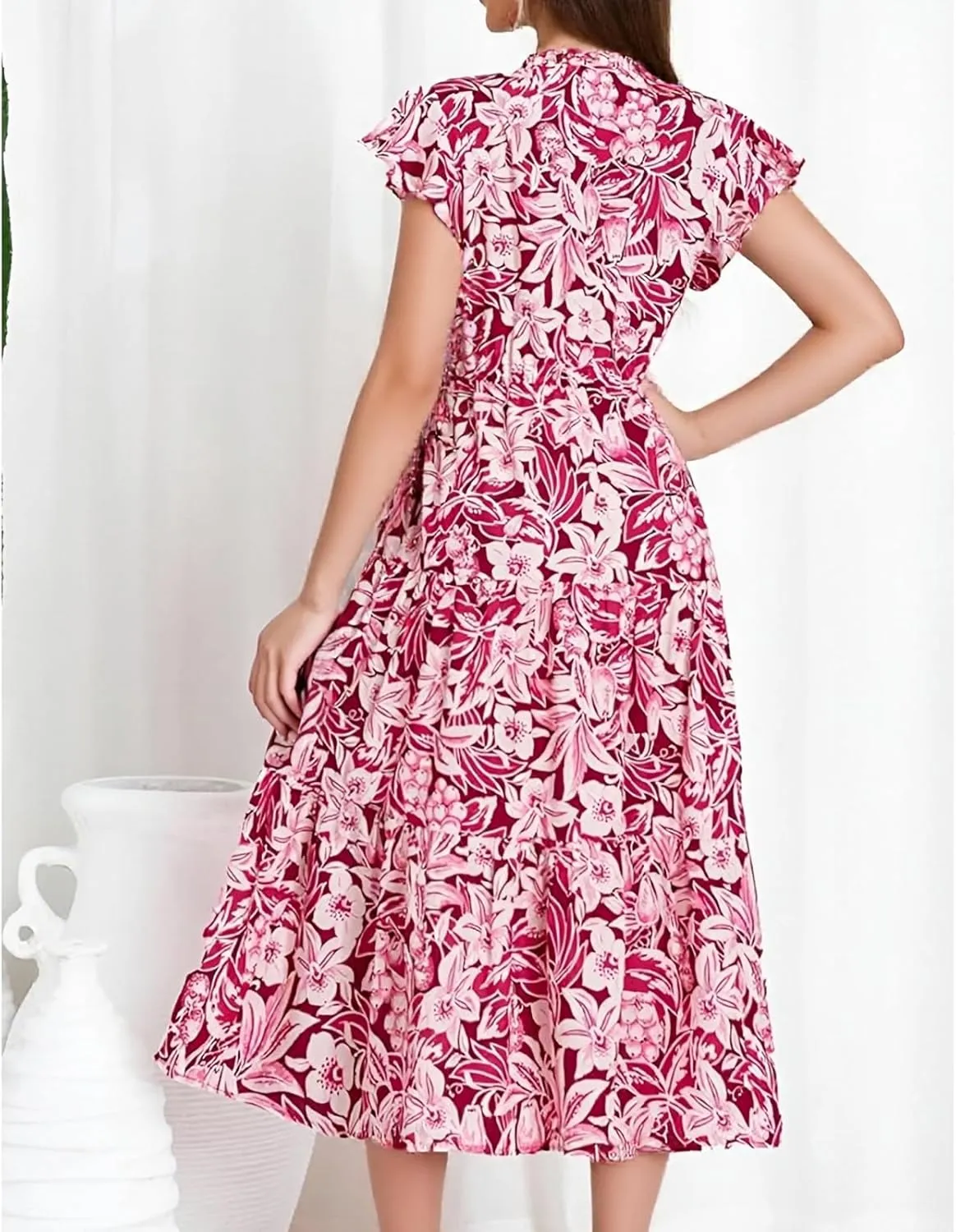 fanmpghleoo Summer Dresses for Women 2025 Drawstring V Neck Floral Dress Tiered Tea Party Beach Wedding Guest Midi Dress