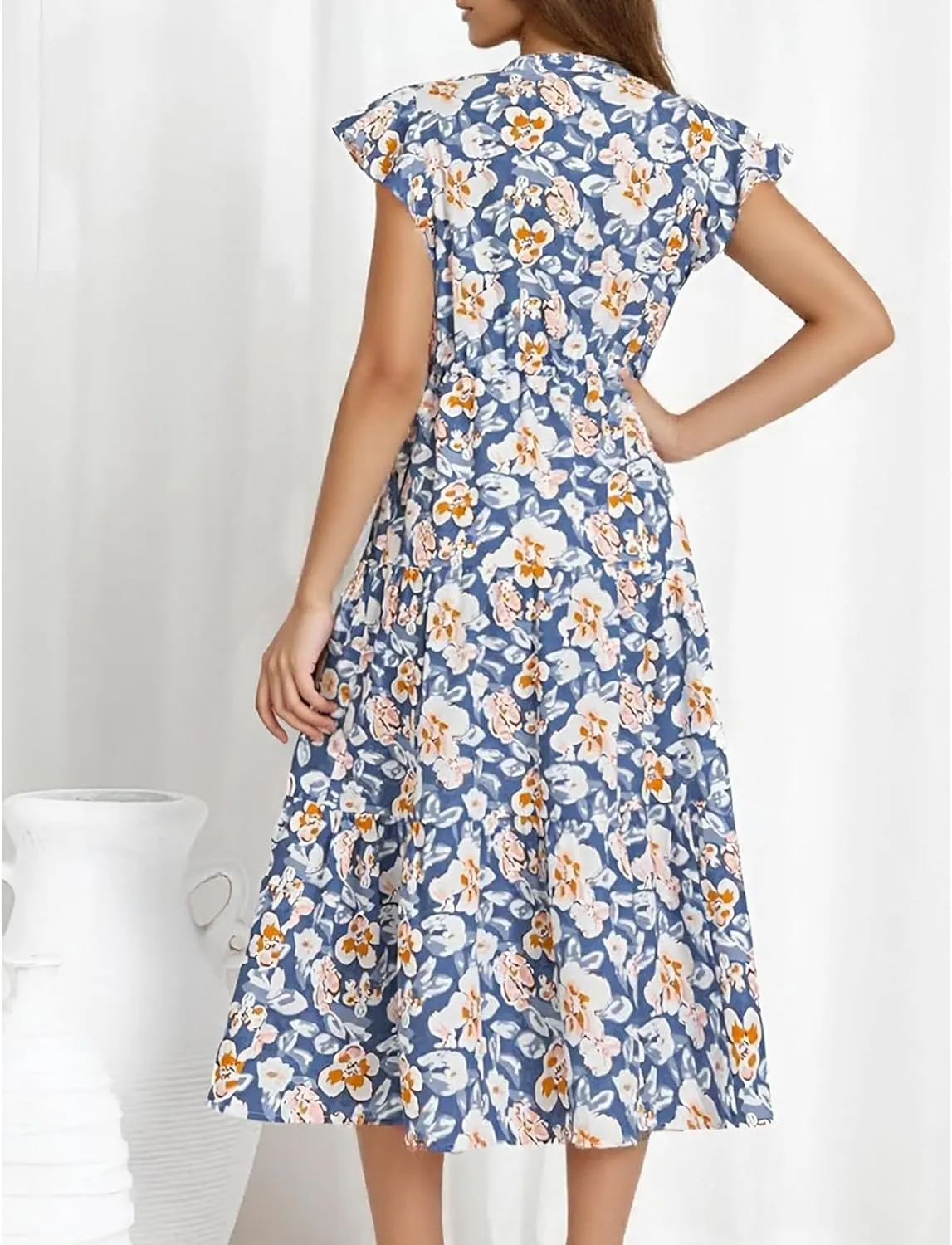 fanmpghleoo Summer Dresses for Women 2025 Drawstring V Neck Floral Dress Tiered Tea Party Beach Wedding Guest Midi Dress