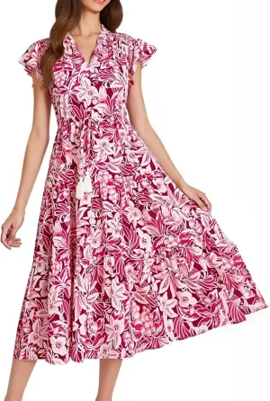 fanmpghleoo Summer Dresses for Women 2025 Drawstring V Neck Floral Dress Tiered Tea Party Beach Wedding Guest Midi Dress