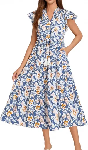 fanmpghleoo Summer Dresses for Women 2025 Drawstring V Neck Floral Dress Tiered Tea Party Beach Wedding Guest Midi Dress