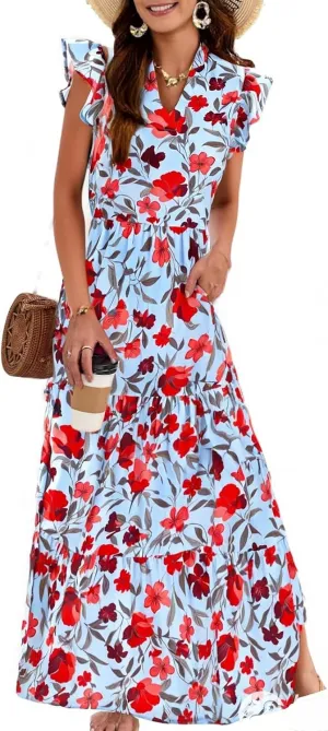fanmpghleoo Summer Dresses for Women 2025 V Neck Cap Sleeve Floral Dress Vacation Casual Beach Wedding Guest Maxi Dresses