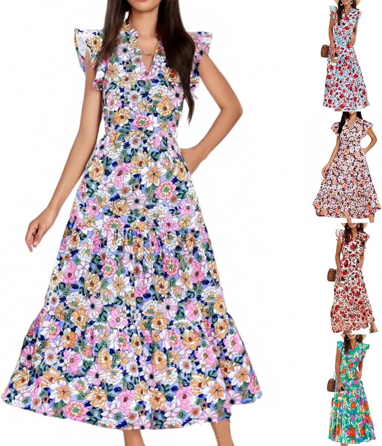 fanmpghleoo Summer Dresses for Women 2025 V Neck Cap Sleeve Floral Dress Vacation Casual Beach Wedding Guest Maxi Dresses