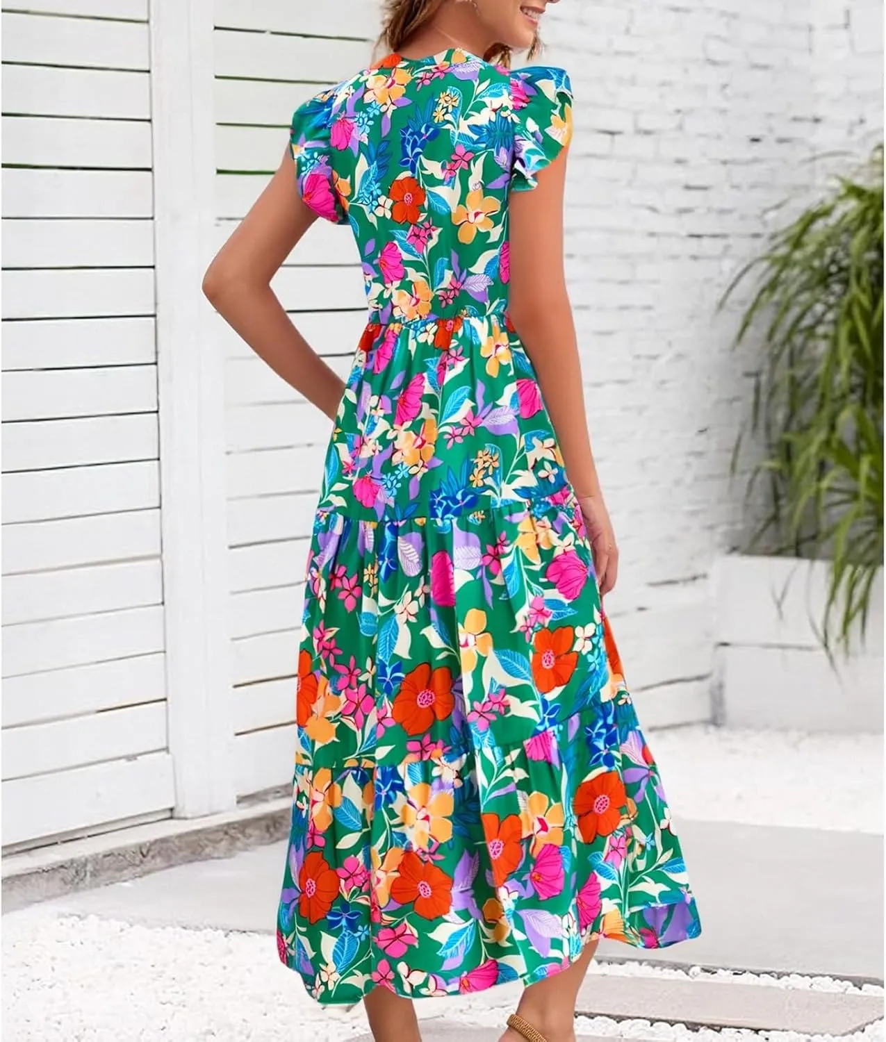 fanmpghleoo Summer Dresses for Women 2025 V Neck Cap Sleeve Floral Dress Vacation Casual Beach Wedding Guest Maxi Dresses