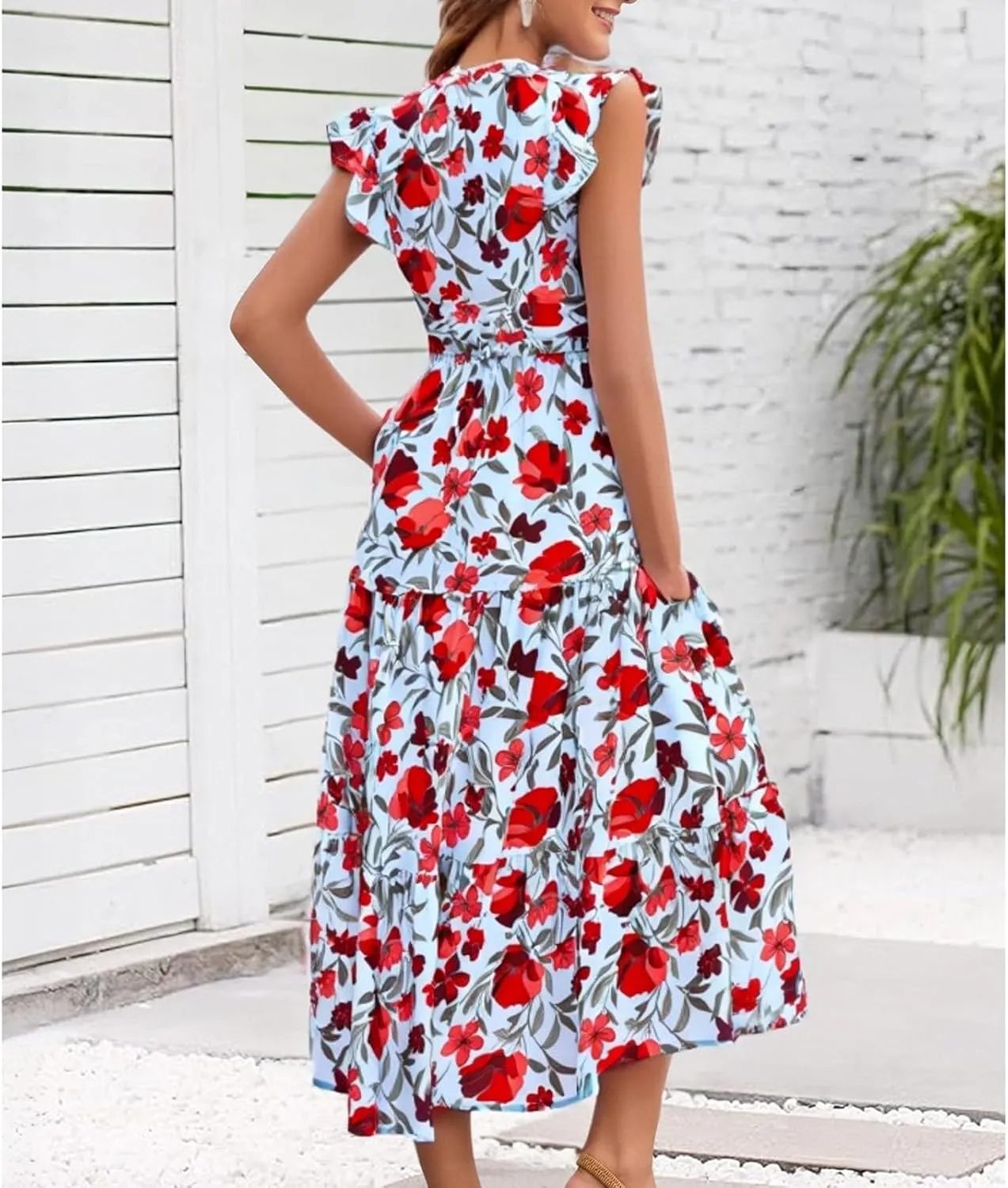fanmpghleoo Summer Dresses for Women 2025 V Neck Cap Sleeve Floral Dress Vacation Casual Beach Wedding Guest Maxi Dresses