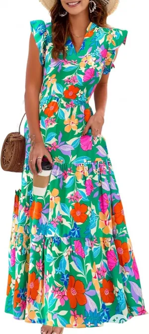 fanmpghleoo Summer Dresses for Women 2025 V Neck Cap Sleeve Floral Dress Vacation Casual Beach Wedding Guest Maxi Dresses