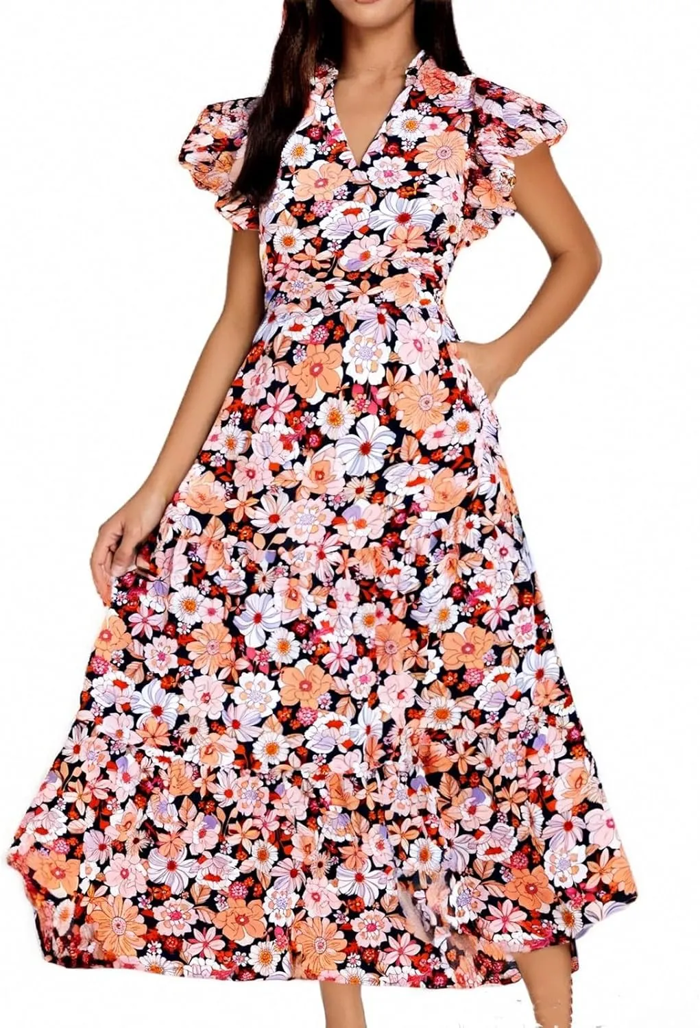 fanmpghleoo Summer Dresses for Women 2025 V Neck Cap Sleeve Floral Dress Vacation Casual Beach Wedding Guest Maxi Dresses