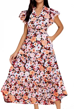 fanmpghleoo Summer Dresses for Women 2025 V Neck Cap Sleeve Floral Dress Vacation Casual Beach Wedding Guest Maxi Dresses