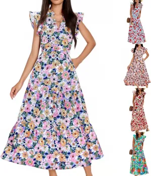 fanmpghleoo Summer Dresses for Women 2025 V Neck Cap Sleeve Floral Dress Vacation Casual Beach Wedding Guest Maxi Dresses