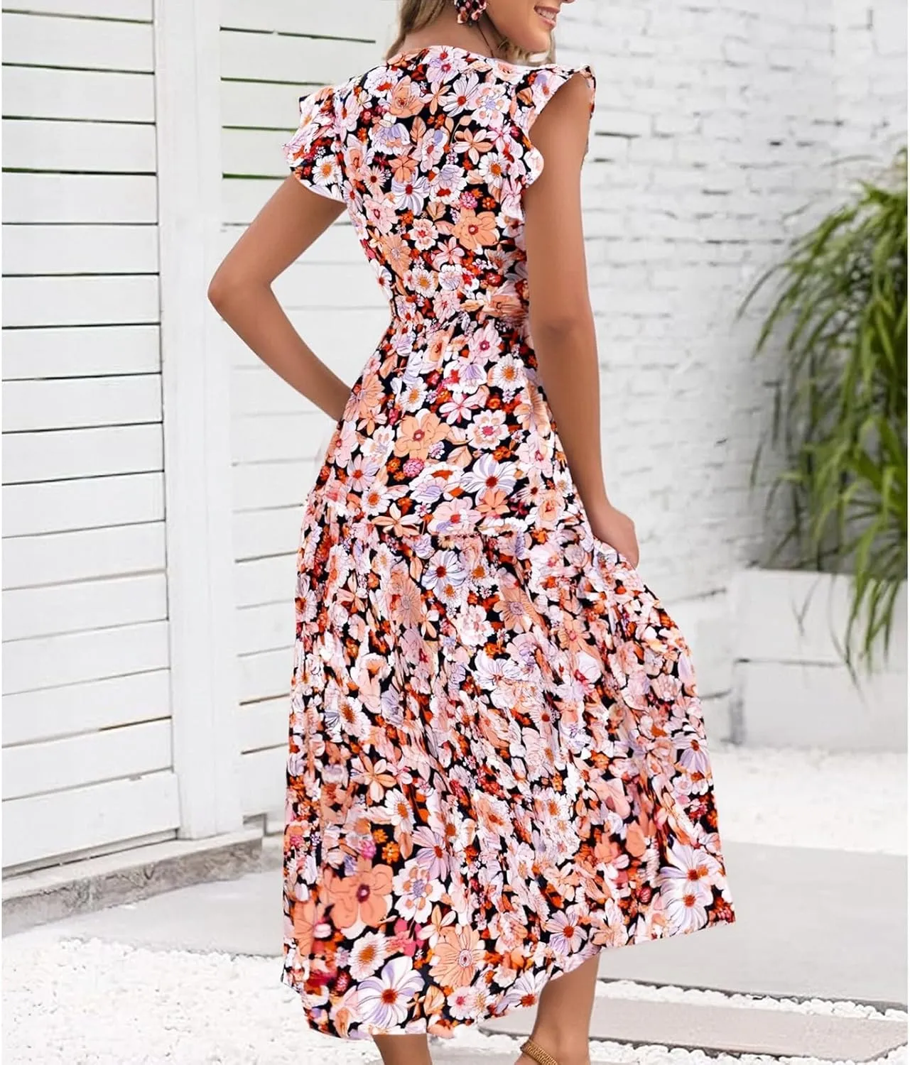 fanmpghleoo Summer Dresses for Women 2025 V Neck Cap Sleeve Floral Dress Vacation Casual Beach Wedding Guest Maxi Dresses