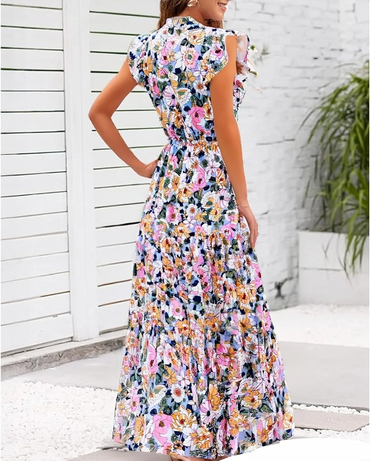 fanmpghleoo Summer Dresses for Women 2025 V Neck Cap Sleeve Floral Dress Vacation Casual Beach Wedding Guest Maxi Dresses