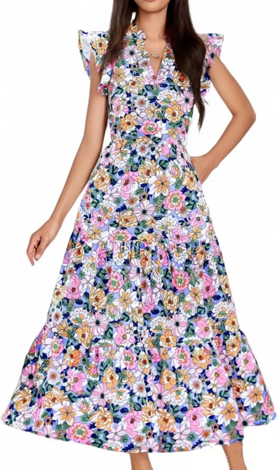 fanmpghleoo Summer Dresses for Women 2025 V Neck Cap Sleeve Floral Dress Vacation Casual Beach Wedding Guest Maxi Dresses