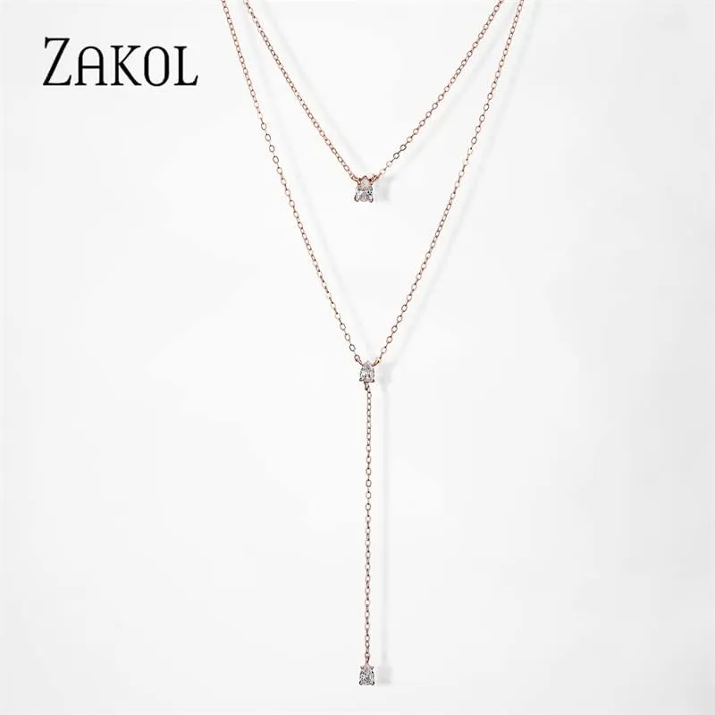 Fashion Layered Y-Shaped Choker Necklace, Geometric Cubic Zirconia Jewelry