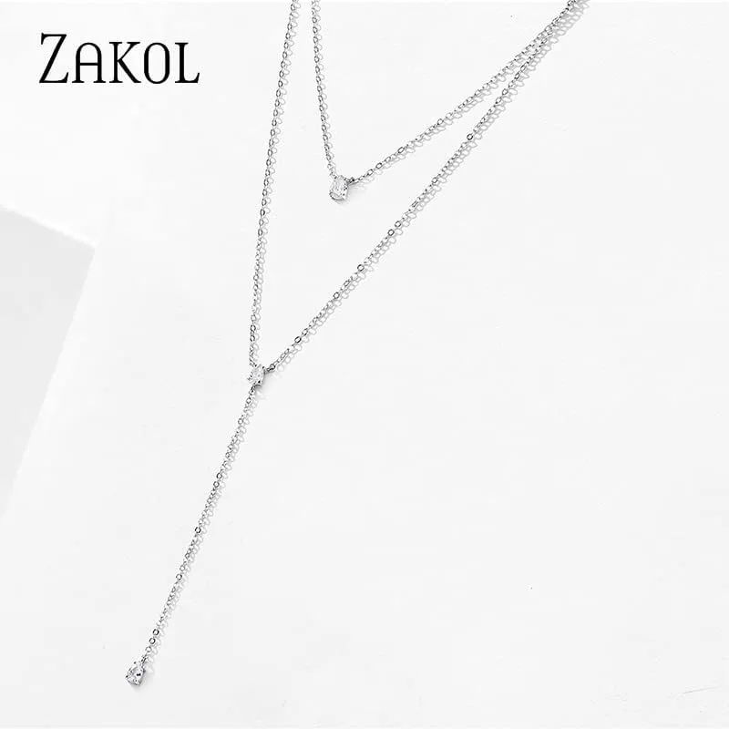 Fashion Layered Y-Shaped Choker Necklace, Geometric Cubic Zirconia Jewelry