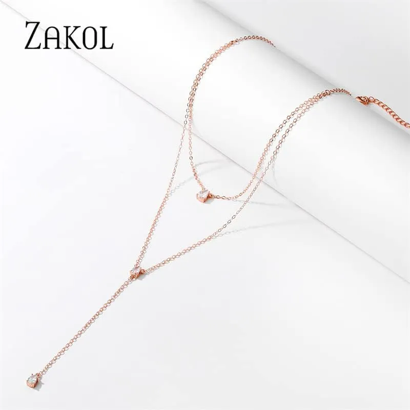 Fashion Layered Y-Shaped Choker Necklace, Geometric Cubic Zirconia Jewelry