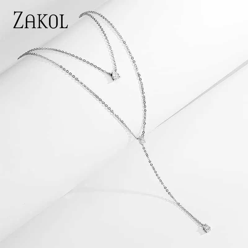 Fashion Layered Y-Shaped Choker Necklace, Geometric Cubic Zirconia Jewelry