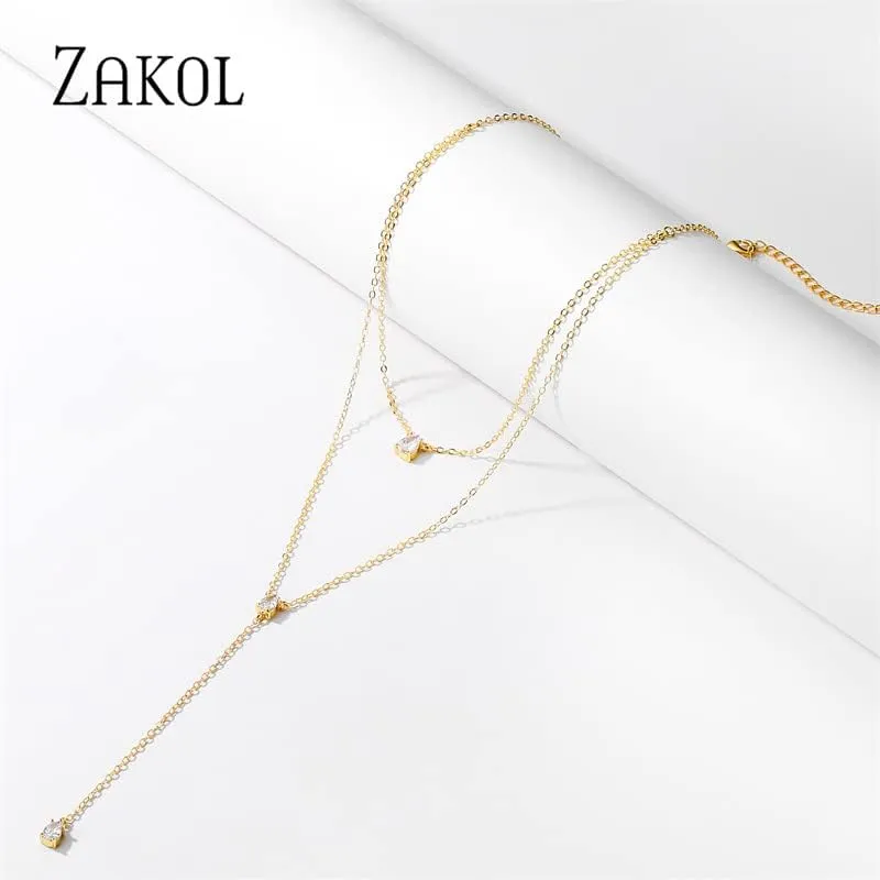 Fashion Layered Y-Shaped Choker Necklace, Geometric Cubic Zirconia Jewelry