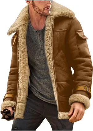 Faux Leather Jackets for Men Cozy Sherpa Fleece Lined Winter Coats Sheepskin Casual Lapel Faux Suede Fur Trench Coat
