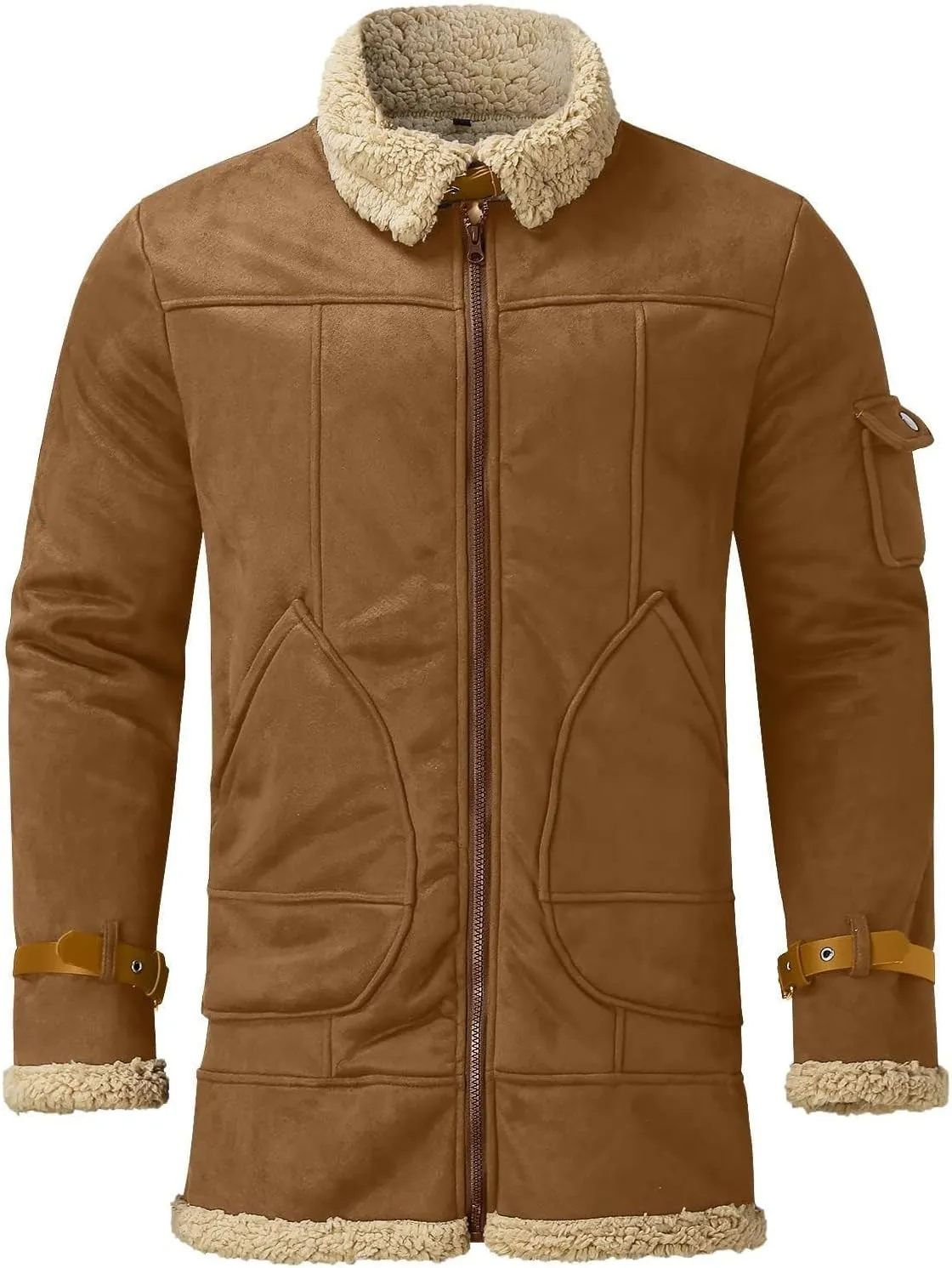 Faux Leather Jackets for Men Cozy Sherpa Fleece Lined Winter Coats Sheepskin Casual Lapel Faux Suede Fur Trench Coat
