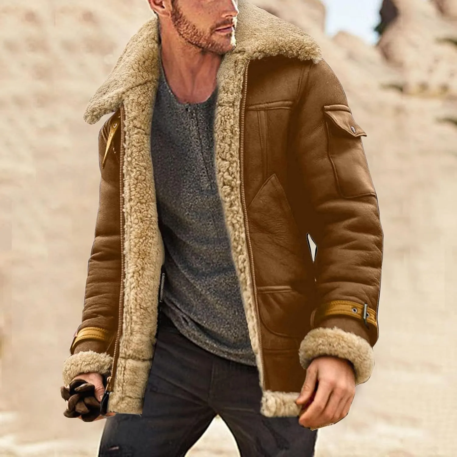 Faux Leather Jackets for Men Cozy Sherpa Fleece Lined Winter Coats Sheepskin Casual Lapel Faux Suede Fur Trench Coat