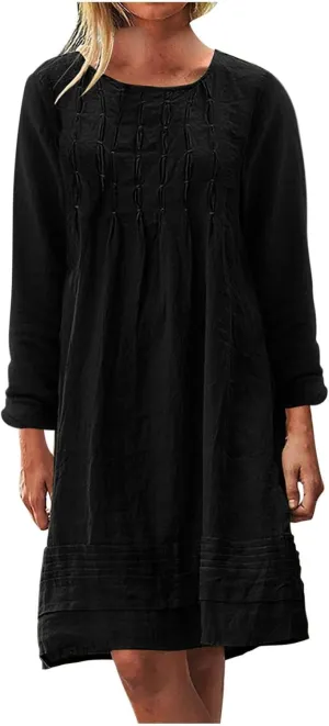 Finelylove Womens Summer Cotton Linen Dresses Short Flowy Beach Dress Long Sleeve Ruffled Shift Dress Casual Loose Sundress