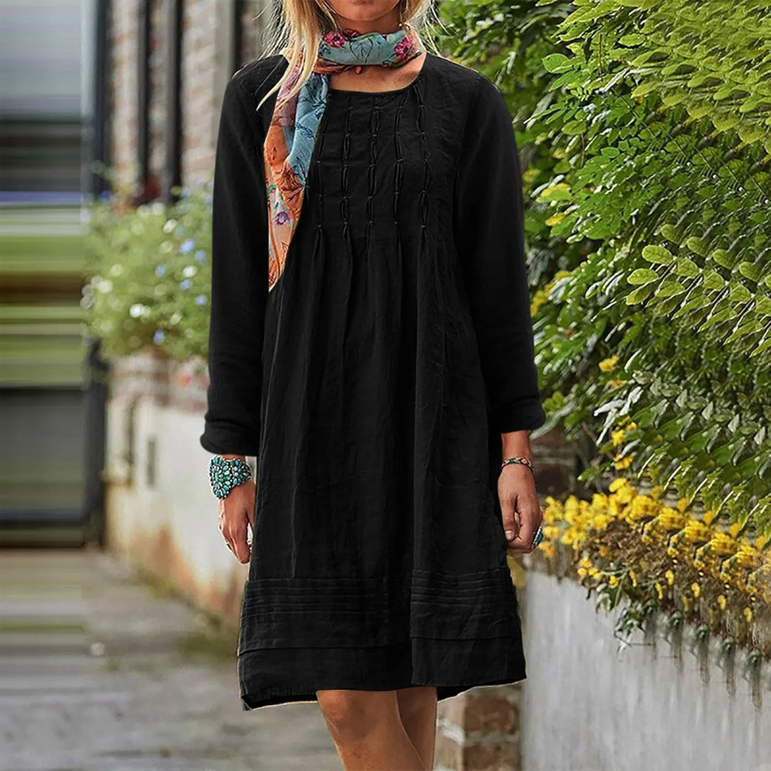 Finelylove Womens Summer Cotton Linen Dresses Short Flowy Beach Dress Long Sleeve Ruffled Shift Dress Casual Loose Sundress