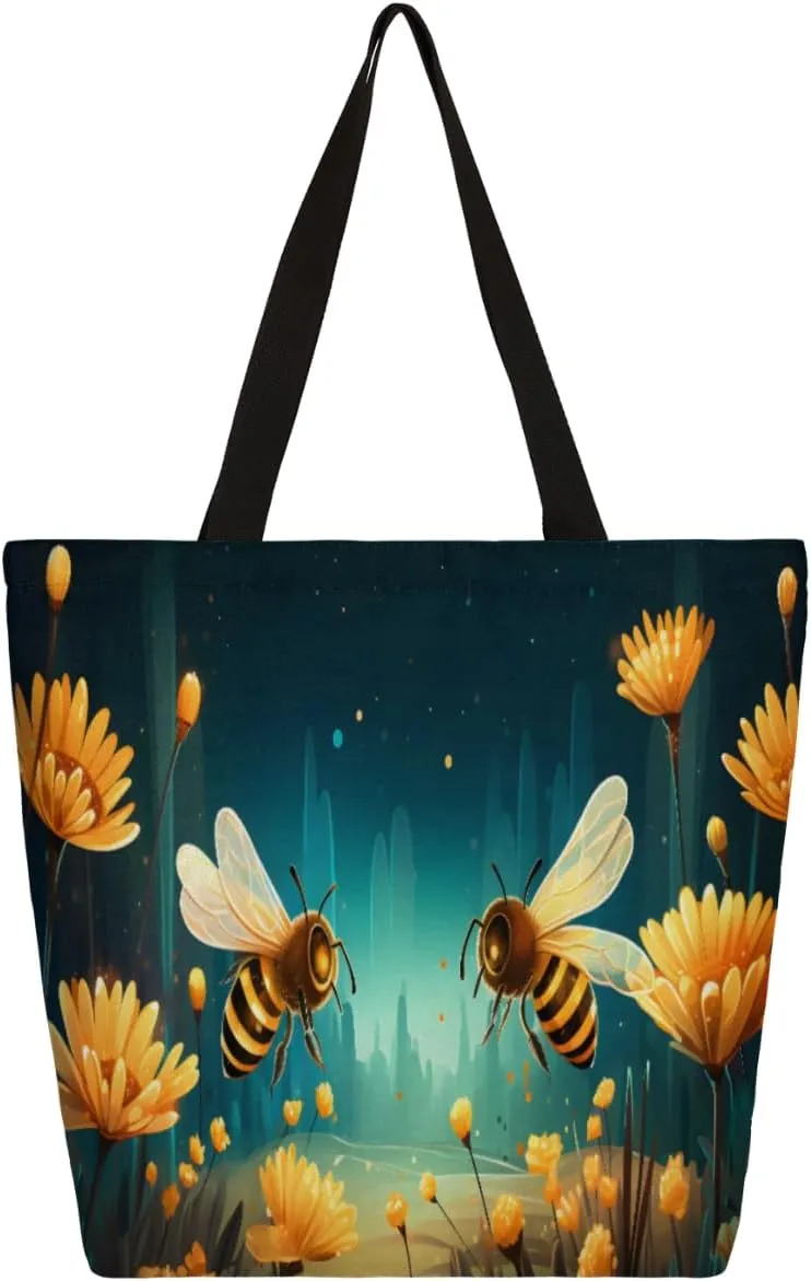 Flower Bee Canvas Tote Bag for Women Heavy Duty Canvas Bag Beach Bags Reusable Grocery Shopping Bags Tote Bag Gym Shoulder Bag with Inner Pocket