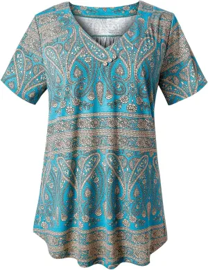 FOLUNSI Womens Plus Size Short Sleeve Henley Shirt V Neck Floral Blouses Tunic Tops M-4XL
