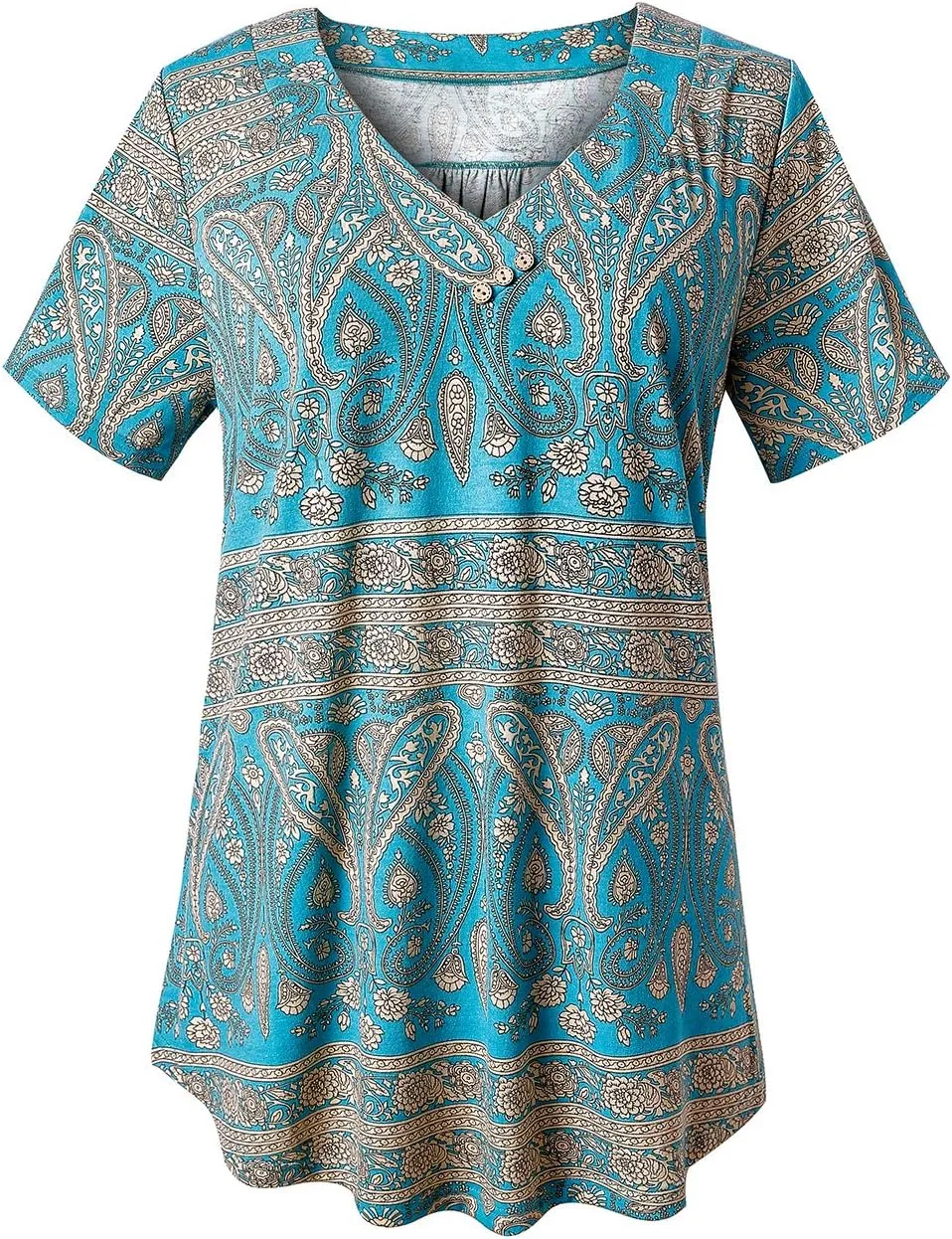 FOLUNSI Womens Plus Size Short Sleeve Henley Shirt V Neck Floral Blouses Tunic Tops M-4XL