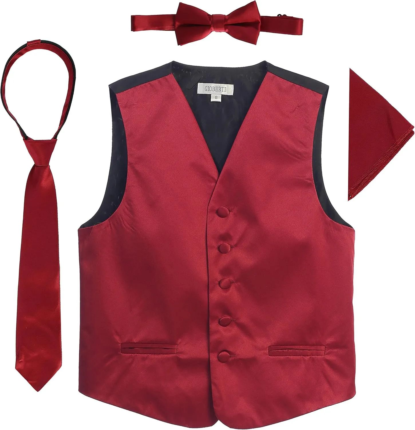 Gioberti Kids and Boys 4pc Satin Formal Vest Set - Vest, Bowtie, Tie, Pocket Square
