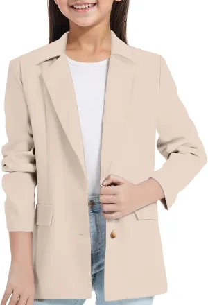 Girls Blazer Long Sleeve Shawl Collar Formal Blazers Suit Jacket Open Front Inner Pocket for Kids Size 3-14 Year