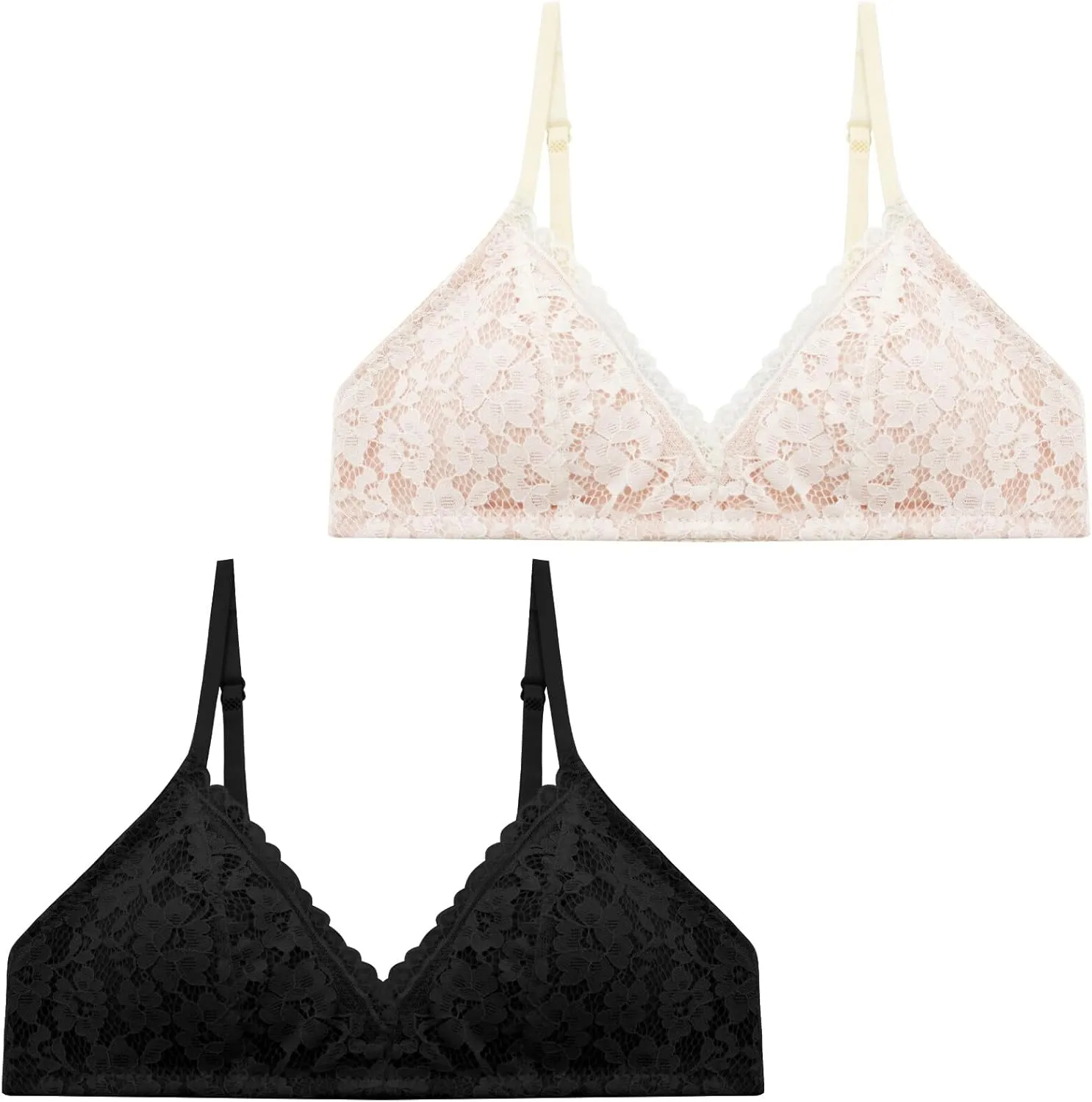 Girls Cotton Training Bras Adjustable Straps Seamless Lace Camis Bras for Teens 2-Pack