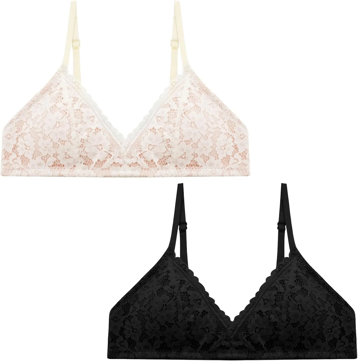 Girls Cotton Training Bras Adjustable Straps Seamless Lace Camis Bras for Teens 2-Pack