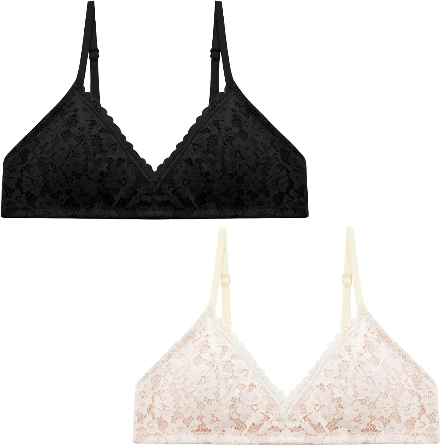 Girls Cotton Training Bras Adjustable Straps Seamless Lace Camis Bras for Teens 2-Pack