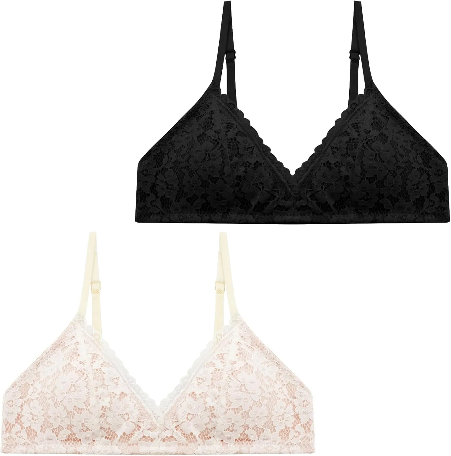 Girls Cotton Training Bras Adjustable Straps Seamless Lace Camis Bras for Teens 2-Pack