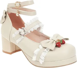 Girls Lolita Shoes Cute Bow Heels Shoes Dress Platform Strappy High Heels Kawaii Mary Janes Shoes for Girls
