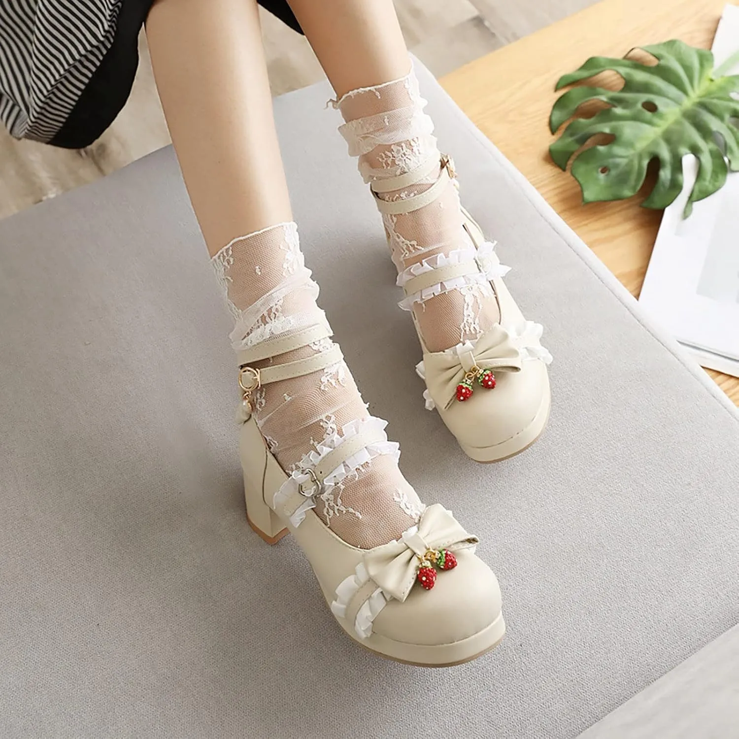 Girls Lolita Shoes Cute Bow Heels Shoes Dress Platform Strappy High Heels Kawaii Mary Janes Shoes for Girls