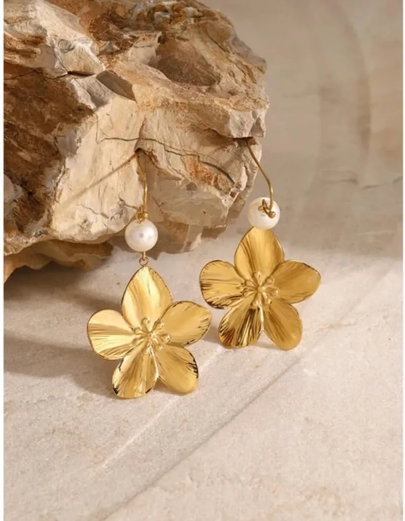 Gold Earrings for Women, 18K, 14K Gold Plated, Flower Earrings, Hoop and Studs, Stainless Steel, Hypoallergenic, Lightweight, Waterproof. Gold earrings for women.
