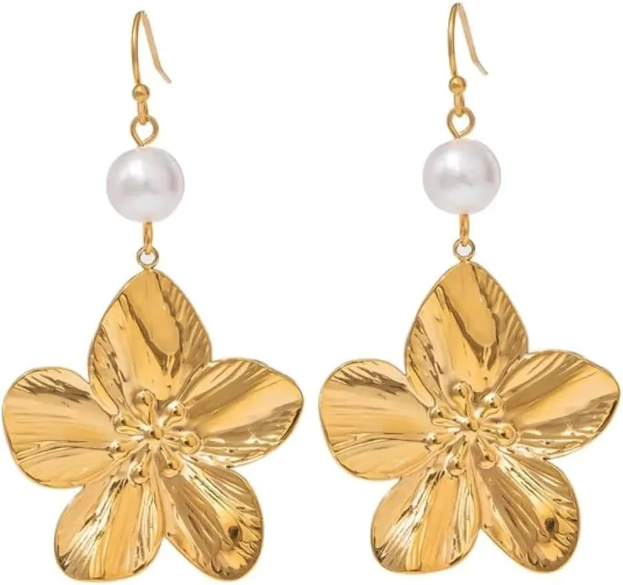 Gold Earrings for Women, 18K, 14K Gold Plated, Flower Earrings, Hoop and Studs, Stainless Steel, Hypoallergenic, Lightweight, Waterproof. Gold earrings for women.