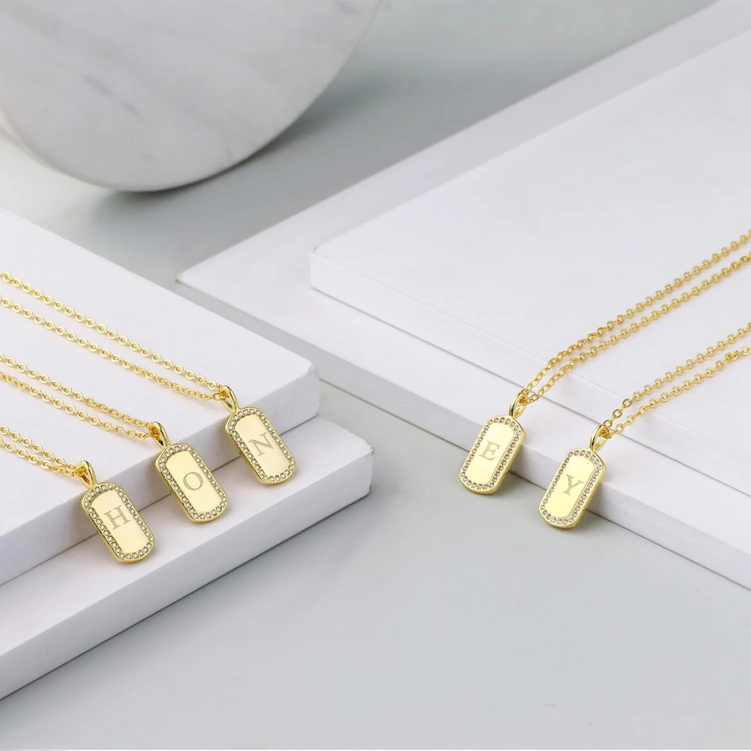 Gold Plated Alphabet Pendant Necklace, A to Z Alphabet Pendant Necklace with Cubic Zirconia, Personalized Initial Tag Non-Tarnish for Men and Women