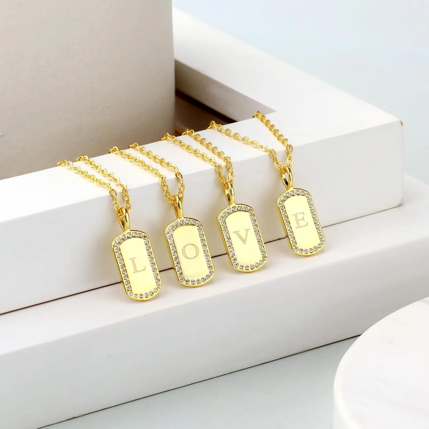 Gold Plated Alphabet Pendant Necklace, A to Z Alphabet Pendant Necklace with Cubic Zirconia, Personalized Initial Tag Non-Tarnish for Men and Women