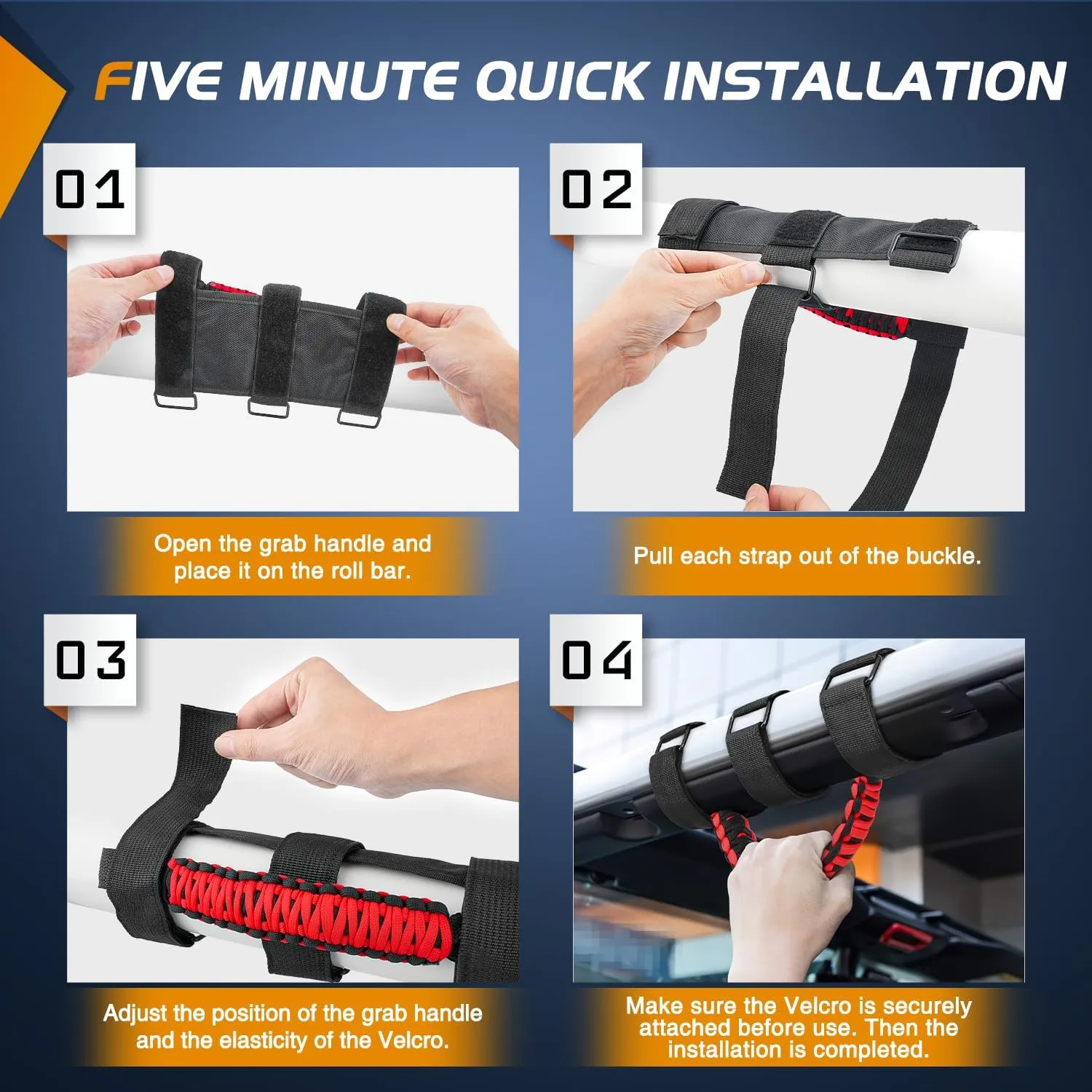 Grab Handles Black Red Universal 2in- 4in Roll Bar Mount 4PCS