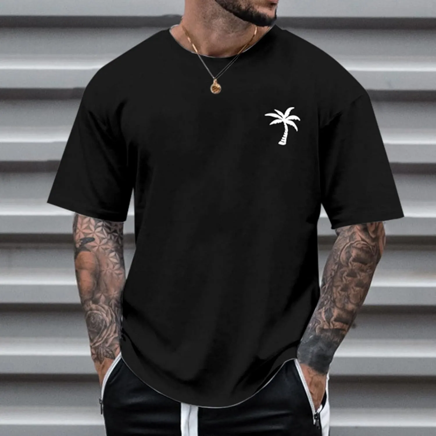 Graphic T Shirts for Man Summer Beach Palm Tree Print Crew Neck Short Sleeve Tees Classic Oversized Heavy Cotton Tops