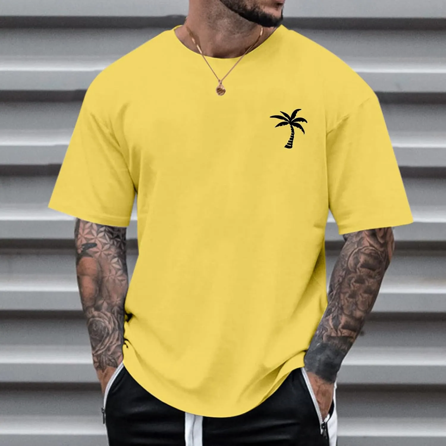 Graphic T Shirts for Man Summer Beach Palm Tree Print Crew Neck Short Sleeve Tees Classic Oversized Heavy Cotton Tops